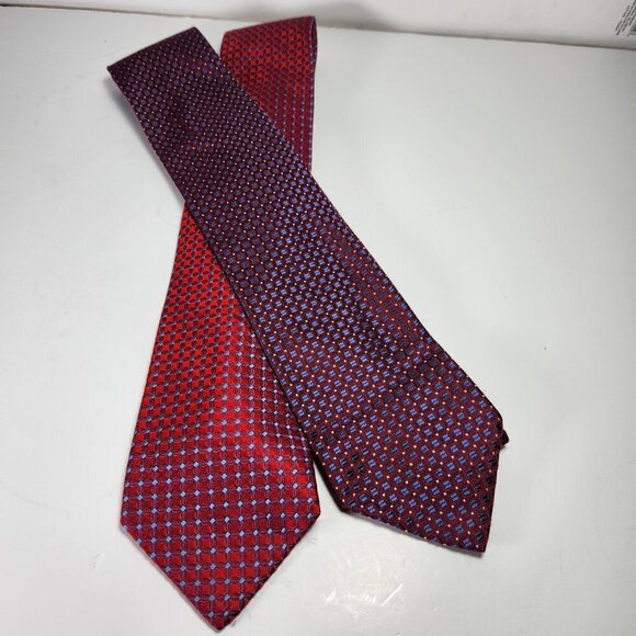 Tommy Hilfiger Necktie Mens 100% Silk Tie Squares and Dots Lot of 2 Red Burgundy - Picture 2 of 5